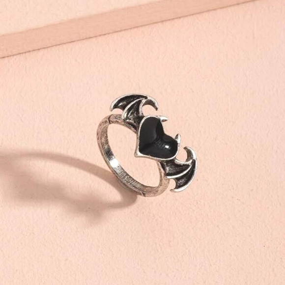 Boutique Jewelry - Black Heart Ring Goth Ring Bat Witch Ring Silver Black Ring Punk Batman Ring